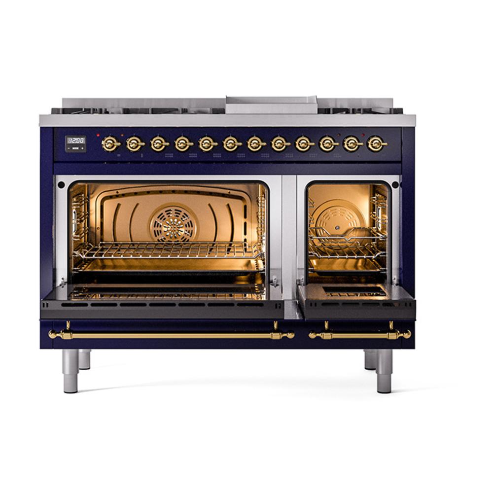 ILVE UN48FNMPMBG Nostalgie II Noblesse 48 inch Dual Fuel Range (8 Sealed Burners + Griddle, Natural Gas, Triple Glass Door, Midnight Blue, Brass)
