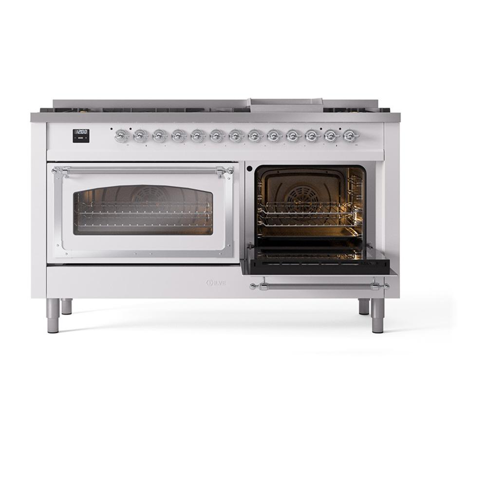 ILVE UN60FNMPWHCLP Nostalgie II Noblesse 60 inch Dual Fuel Range (9 Sealed Burners + Griddle, Liquid Propane, Triple Glass Door, White, Chrome)