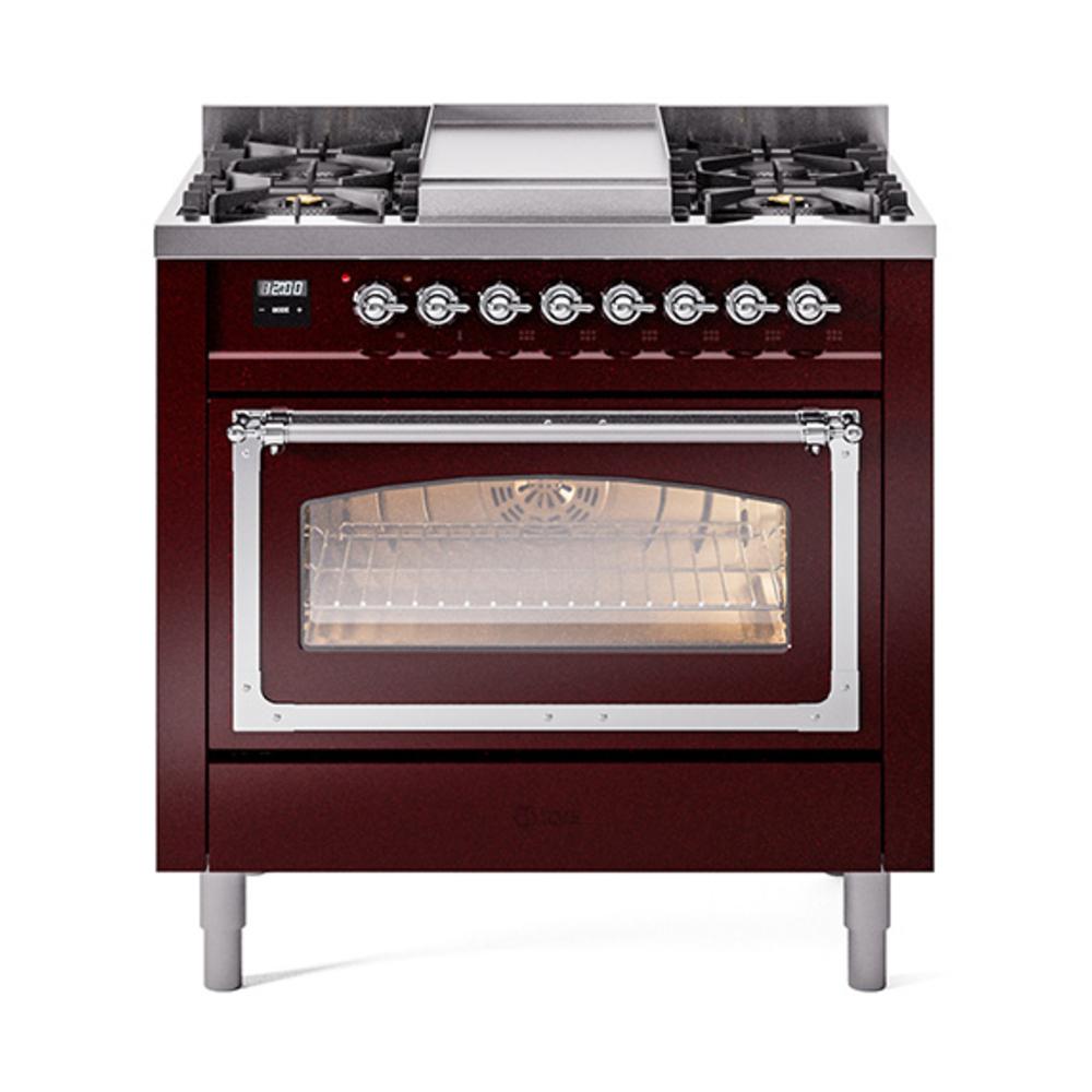 ILVE UN36FNMPBUCLP Nostalgie II Noblesse 36 inch Dual Fuel Range (Liquid Propane, Triple Glass Door, Burgundy, Chrome)