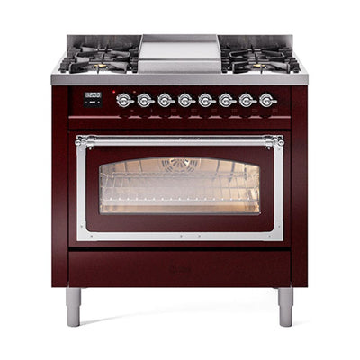 ILVE UN36FNMPBUCLP Nostalgie II Noblesse 36 inch Dual Fuel Range (Liquid Propane, Triple Glass Door, Burgundy, Chrome)
