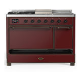 ILVE UM48FSQNR3BUBLP Majestic III 48 inch Dual Fuel Range with 5 Black Brass Burners, Griddle and French Top, Dual Function Burner up to 25,000 BTU (Liquid Propane, Solid Door, Burgundy, Burnished)