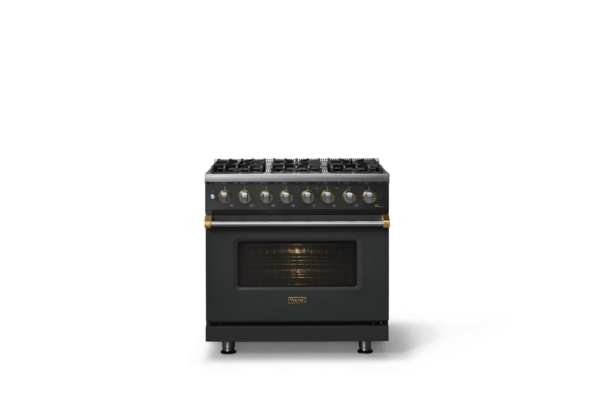 36"W. Dual Fuel Range (Burner: 6b, Finish: Antique Bronze, Trim: Polished Chrome, Fuel: Propane)