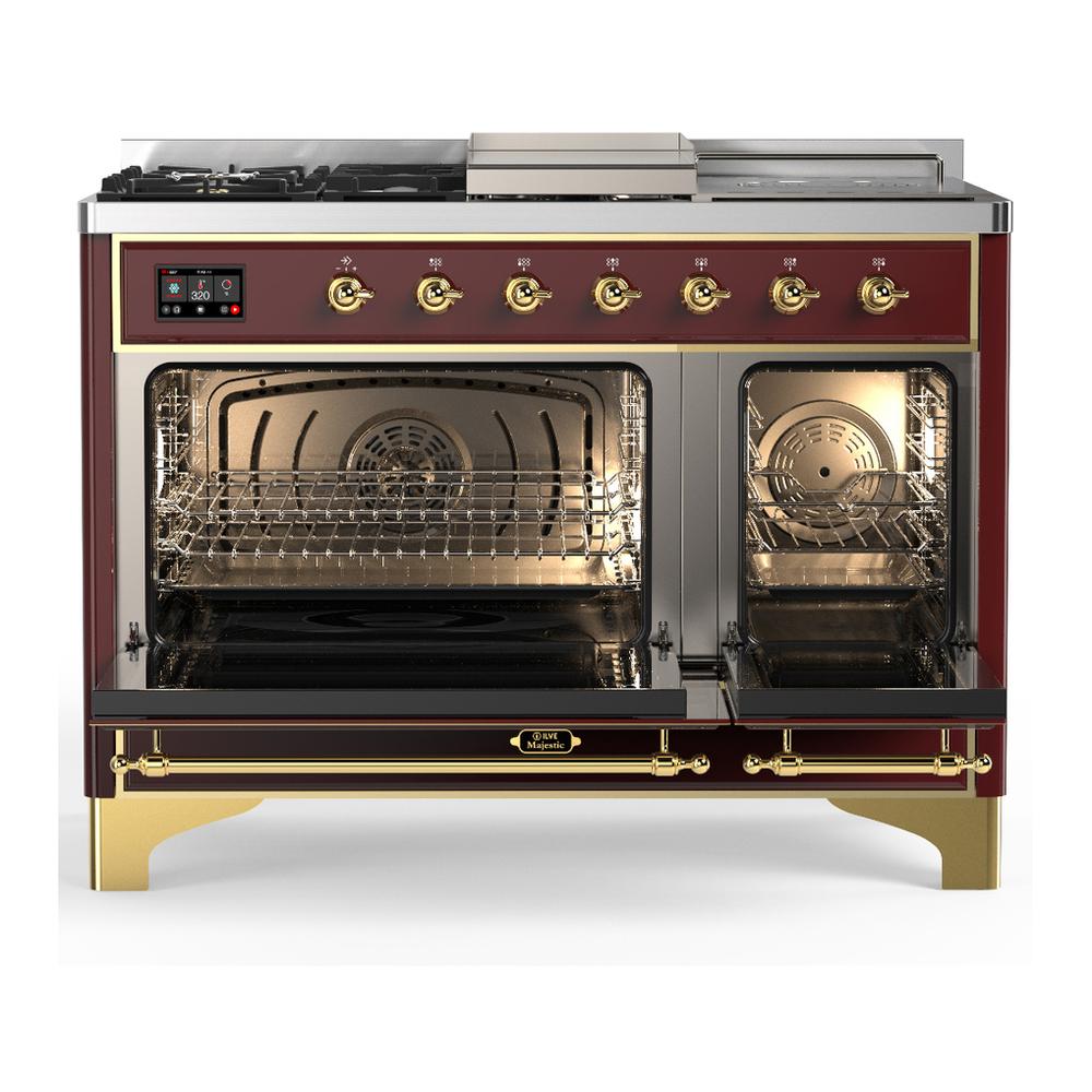 ILVE UM48FSQNR3BUG Majestic III 48 inch Dual Fuel Range with 5 Black Brass Burners, Griddle and French Top, Dual Function Burner up to 25,000 BTU (Natural Gas, Solid Door, Burgundy, Brass)