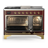 ILVE UM48FSQNR3BUG Majestic III 48 inch Dual Fuel Range with 5 Black Brass Burners, Griddle and French Top, Dual Function Burner up to 25,000 BTU (Natural Gas, Solid Door, Burgundy, Brass)