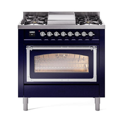 ILVE UN36FNMPMBC Nostalgie II Noblesse 36 inch Dual Fuel Range (Natural Gas, Triple Glass Door, Midnight Blue, Chrome)