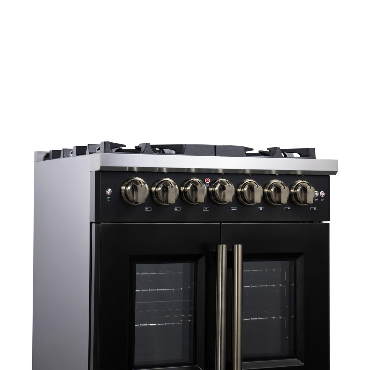 Forno Capriasca 30 Inch Freestanding French Door Dual Fuel Range in Black with Antique Brass Accessories, 5 Burners, True Convection Oven