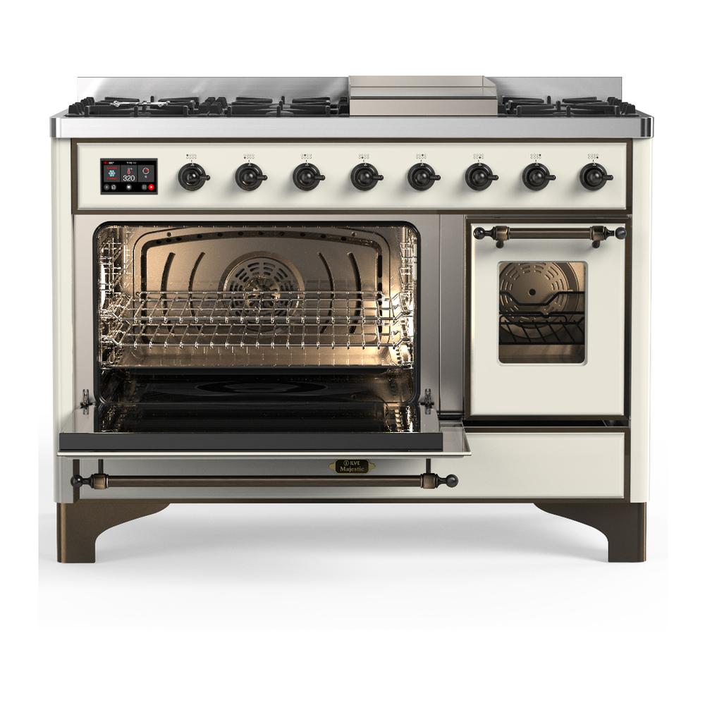 ILVE UM48FNR3AWBLP Majestic III 48 inch Dual Fuel Range with 8 Burners and Griddle, Dual Function Burner up to 25,000 BTU (Liquid Propane, Triple Glass Door, Antique White, Burnished)