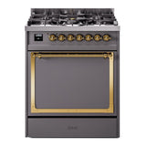 ILVE UN30QNMPMGGLP Nostalgie II Noblesse 30 inch Dual Fuel Range (Liquid Propane, Solid Door, Graphite Matte, Brass)