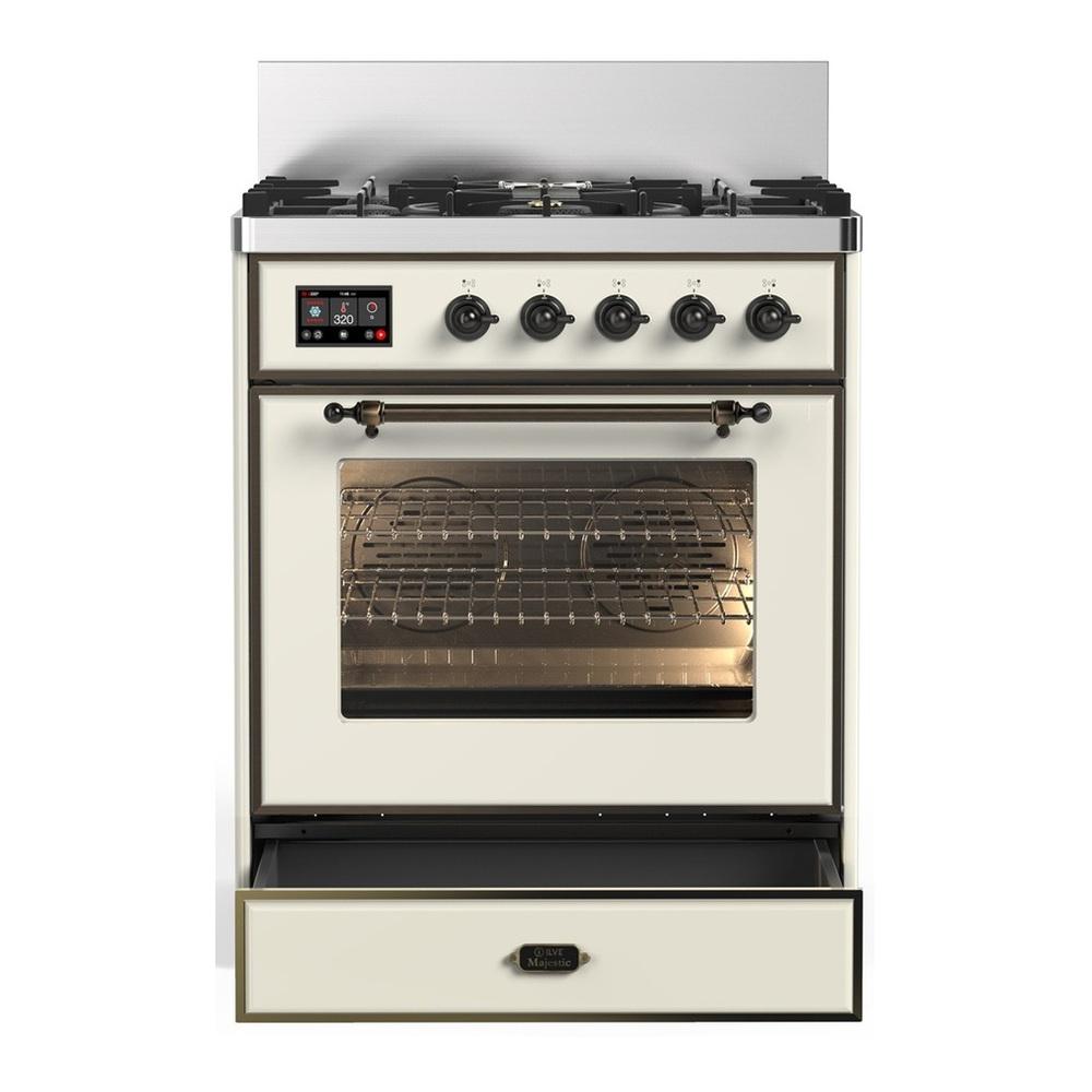 ILVE UM30NR3AWB Majestic III 30 inch Dual Fuel Range with 5 Black Brass Burners, Dual Function Burner up to 25,000 BTU (Natural Gas, Triple Glass Door, Antique White, Burnished)
