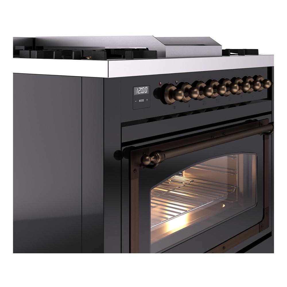ILVE UN36FNMPBKBLP Nostalgie II Noblesse 36 inch Dual Fuel Range (Liquid Propane, Triple Glass Door, Glossy Black, Burnished)