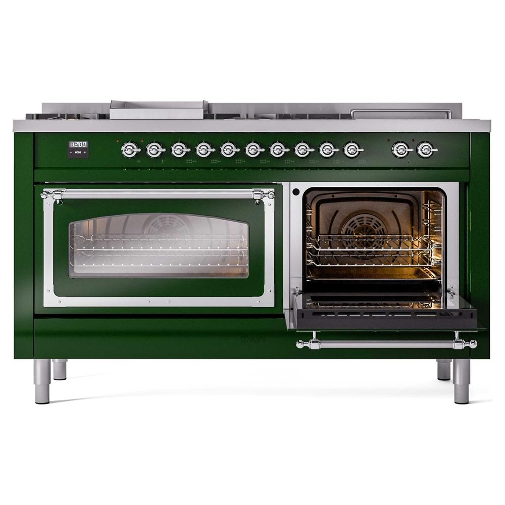 ILVE UN60FSNMPEGC Nostalgie II Noblesse 60 inch Dual Fuel Range (7 Sealed Burners + Griddle + French Top, Natural Gas, Triple Glass Door, Emerald Green, Chrome)