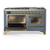 ILVE UM60FNR3BGGLP Majestic III 60 inch Dual Fuel Range with 9 Burners and Griddle, Dual Function Burner up to 25,000 BTU (Liquid Propane, Triple Glass Door, Blue Grey, Brass)