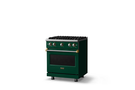 30"W. Sealed Burner Gas Range (Finish: Ivy, Trim: Brushed Brass, Fuel: Propane)
