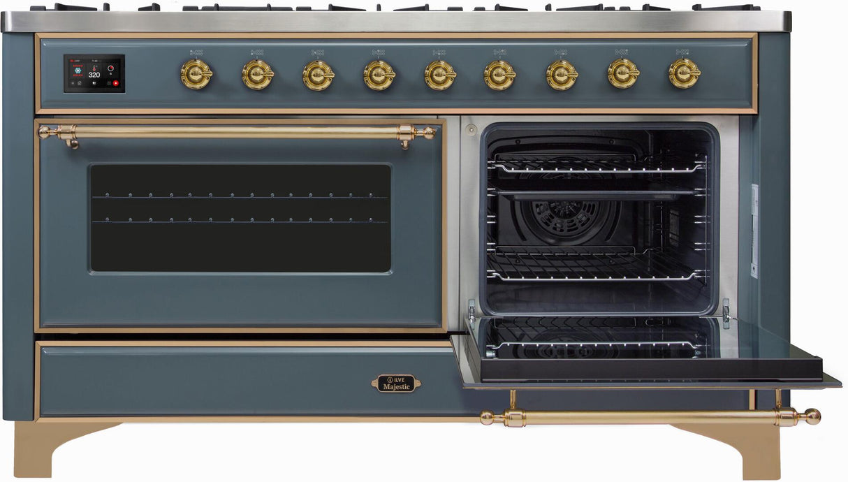 Majestic II 60 Inch Dual Fuel Natural Gas Freestanding Range in Blue Grey with Brass Trim