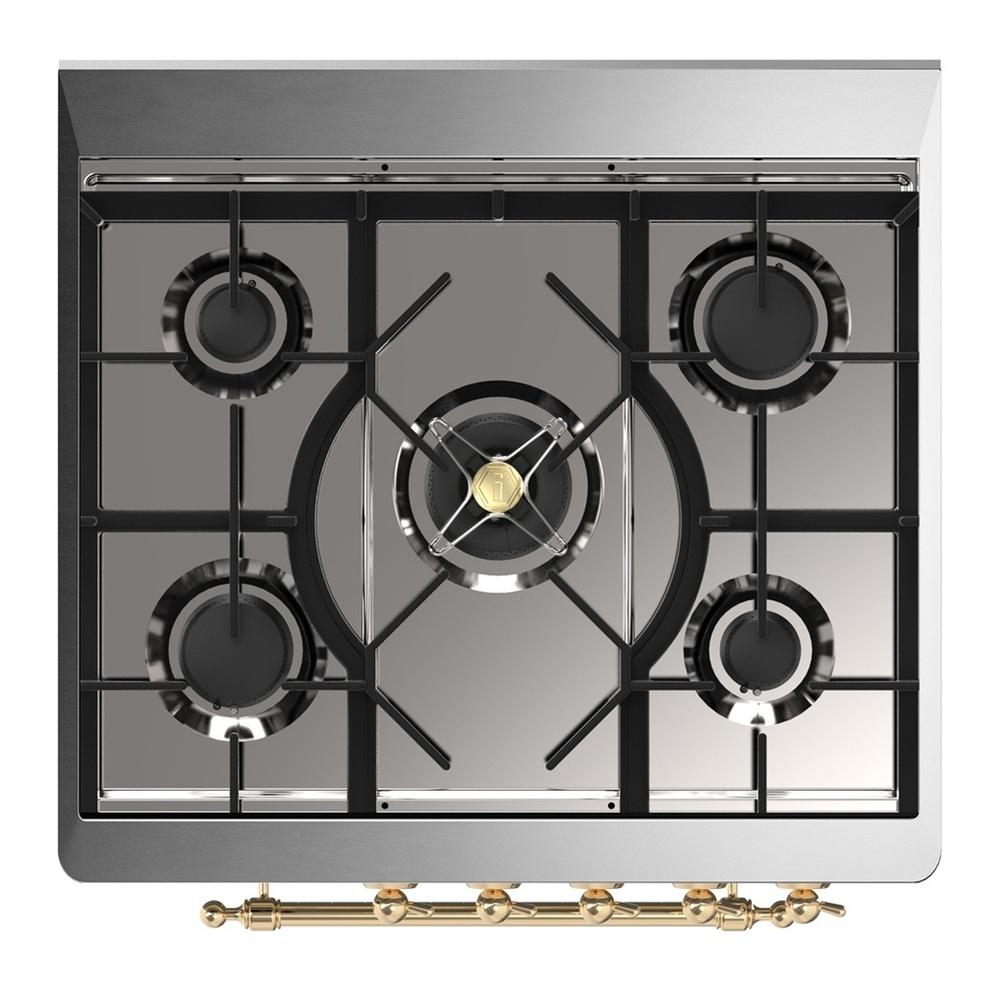 ILVE UM30QNR3EGGLP Majestic III 30 inch Dual Fuel Range with 5 Black Brass Burners, Dual Function Burner up to 25,000 BTU (Liquid Propane, Solid Door, Emerald Green, Brass)
