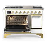 ILVE UM48FQNR3WHGLP Majestic III 48 inch Dual Fuel Range with 8 Burners and Griddle, Dual Function Burner up to 25,000 BTU (Liquid Propane, Solid Door, White, Brass)