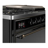 ILVE UM48FSQNR3BKB Majestic III 48 inch Dual Fuel Range with 5 Black Brass Burners, Griddle and French Top, Dual Function Burner up to 25,000 BTU (Natural Gas, Solid Door, Glossy Black, Burnished)