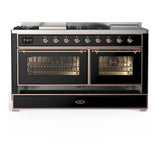 ILVE UM60FSNR3BKPLP Majestic III 60 inch Dual Fuel Range with 7 Burners, Griddle and French Top, Dual Function Burner with up to 25,000 BTU (Liquid Propane, Triple Glass Door, Glossy Black, Copper)
