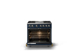 36"W. Dual Fuel Range (Burner: 4g, Finish: Slate Blue, Trim: Brushed Brass, Fuel: Natural Gas)