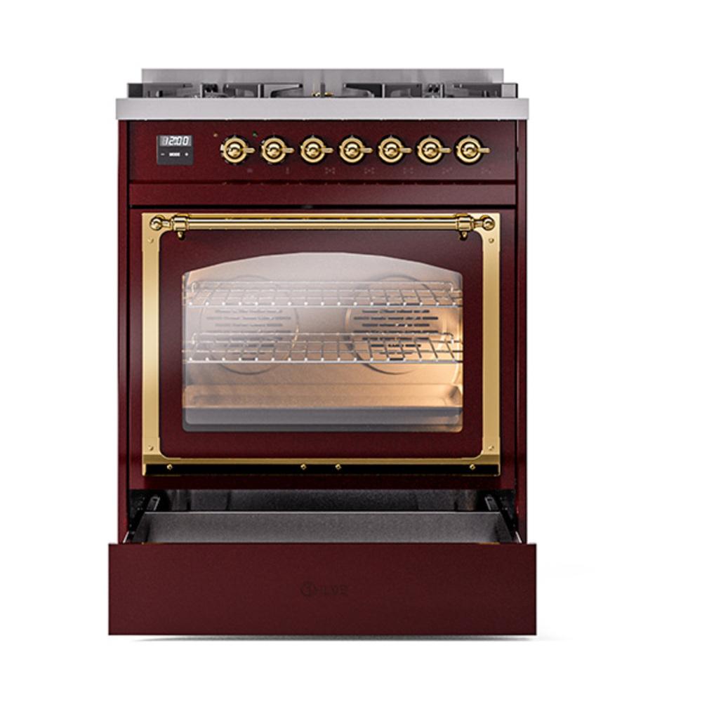 ILVE UN30NMPBUGLP Nostalgie II Noblesse 30 inch Dual Fuel Range (Liquid Propane, Triple Glass Door, Burgundy, Brass)