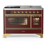 ILVE UM48FSNR3BUG Majestic III 48 inch Dual Fuel Range with 5 Black Brass Burners, Griddle and French Top, Dual Function Burner up to 25,000 BTU (Natural Gas, Triple Glass Door, Burgundy, Brass)