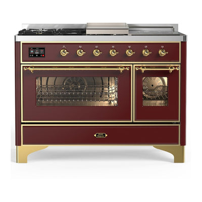 ILVE UM48FSNR3BUG Majestic III 48 inch Dual Fuel Range with 5 Black Brass Burners, Griddle and French Top, Dual Function Burner up to 25,000 BTU (Natural Gas, Triple Glass Door, Burgundy, Brass)