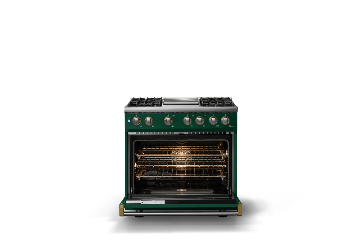 36"W. Dual Fuel Range (Burner: 4g, Finish: Ivy, Trim: Brushed Brass, Fuel: Propane)