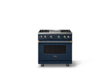 36"W. Sealed Burner Gas Range (Burner: 4g, Finish: Slate Blue, Trim: Brushed Brass, Fuel: Propane)