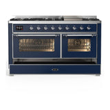 ILVE UM60FNR3MBC Majestic III 60 inch Dual Fuel Range with 9 Burners and Griddle, Dual Function Burner up to 25,000 BTU (Natural Gas, Triple Glass Door, Midnight Blue, Chrome)