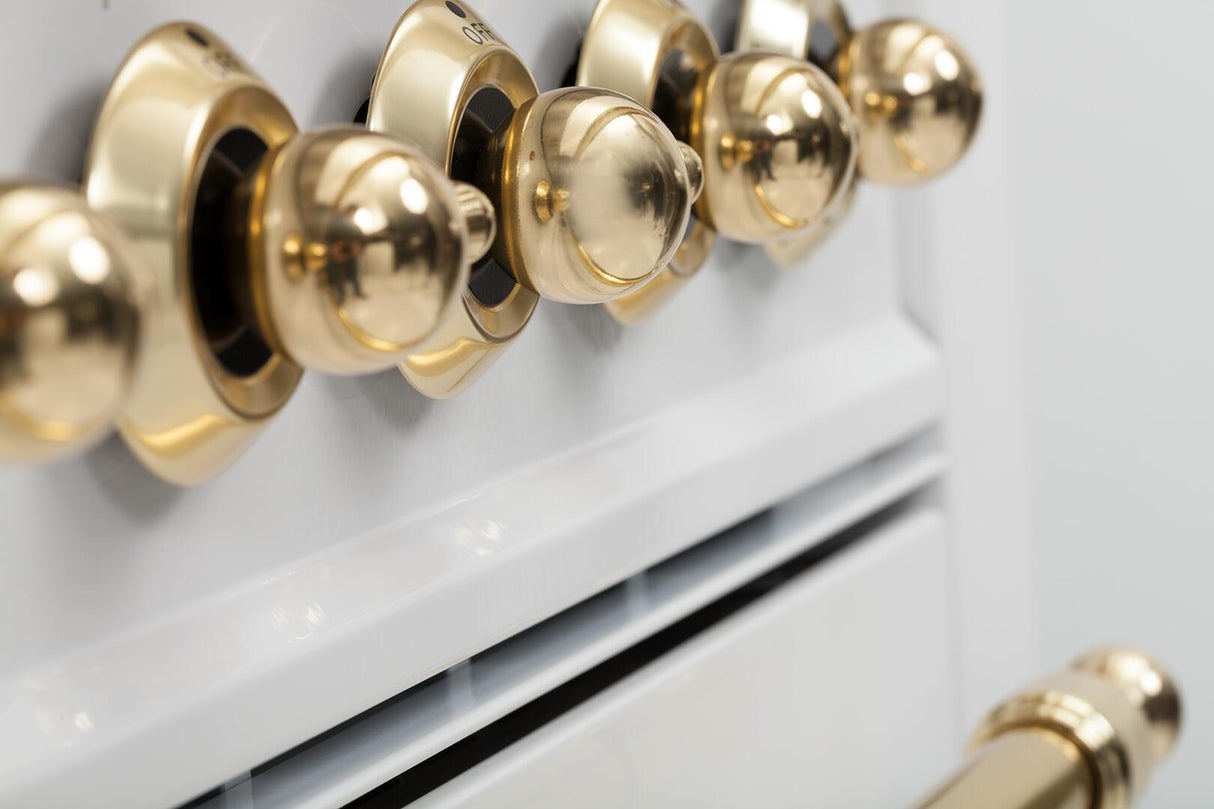 Nostalgie 40 Inch Dual Fuel Natural Gas Freestanding Range in Antique White with Brass Trim