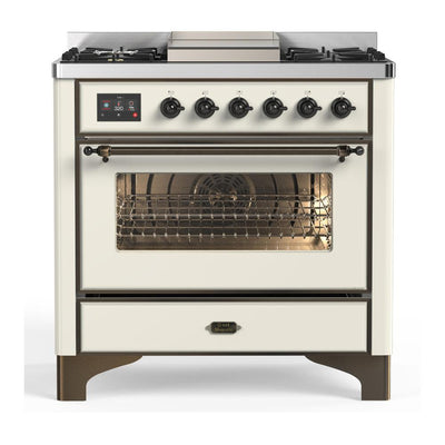 ILVE UM36FNR3AWBLP Majestic III 36 inch Dual Fuel Range with 6 Black Brass Burners and Griddle, Dual Function Burner up to 25,000 BTU (Triple Glass Door, Antique White, Burnished, Liquid Propane)