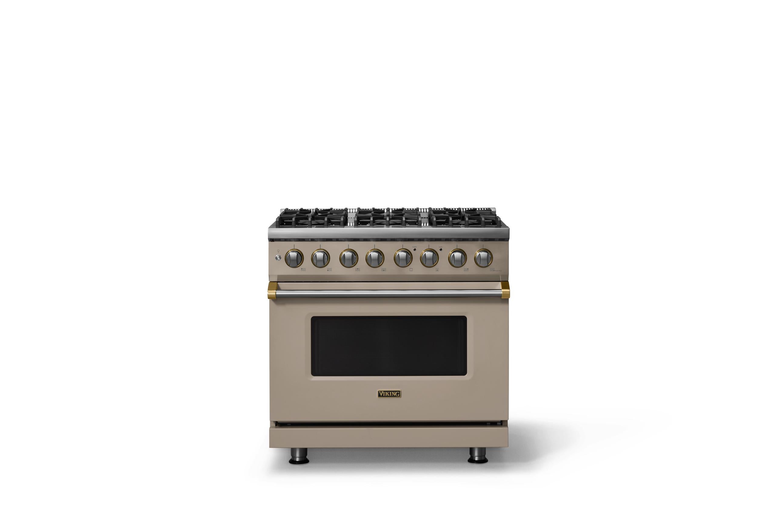36"W. Dual Fuel Range (Burner: 6b, Finish: Nantucket, Trim: Brushed Brass, Fuel: Propane)