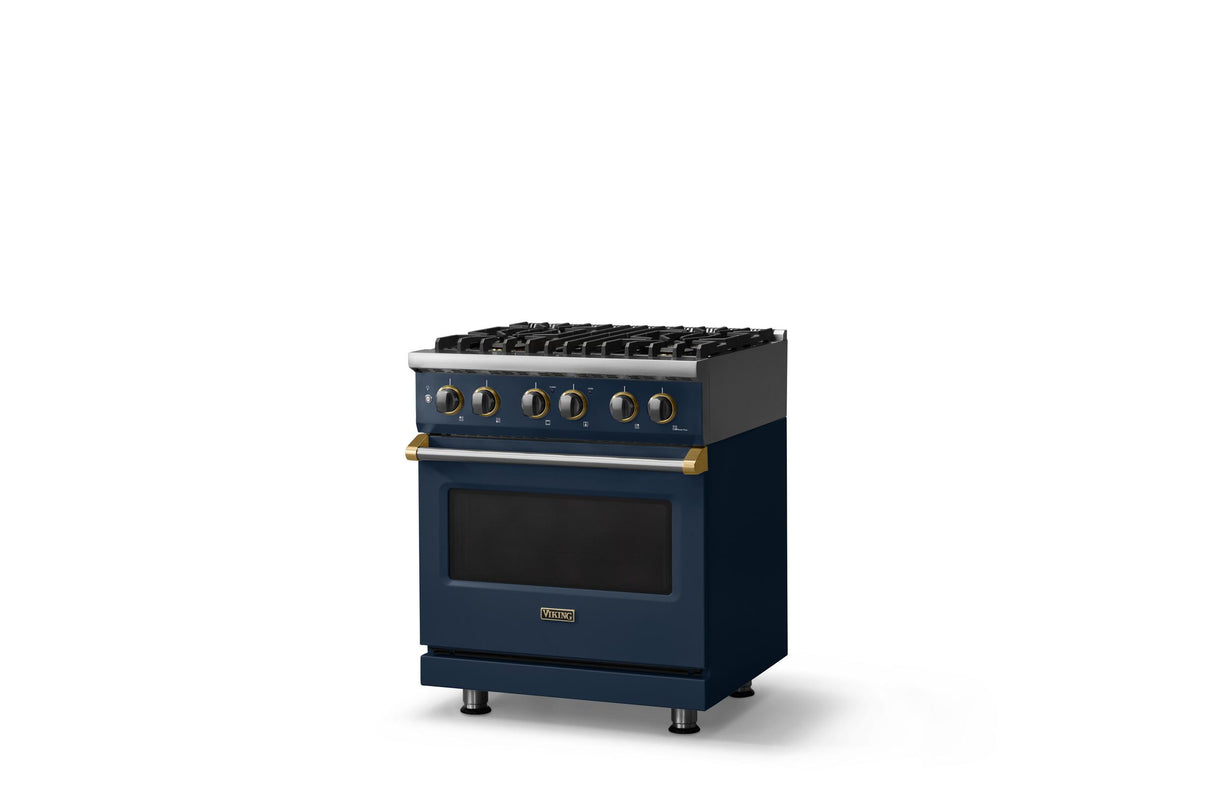 30"W. Dual Fuel Range (Finish: Slate Blue, Trim: Brushed Brass, Fuel: Natural Gas)