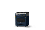 30"W. Dual Fuel Range (Finish: Slate Blue, Trim: Brushed Brass, Fuel: Propane)
