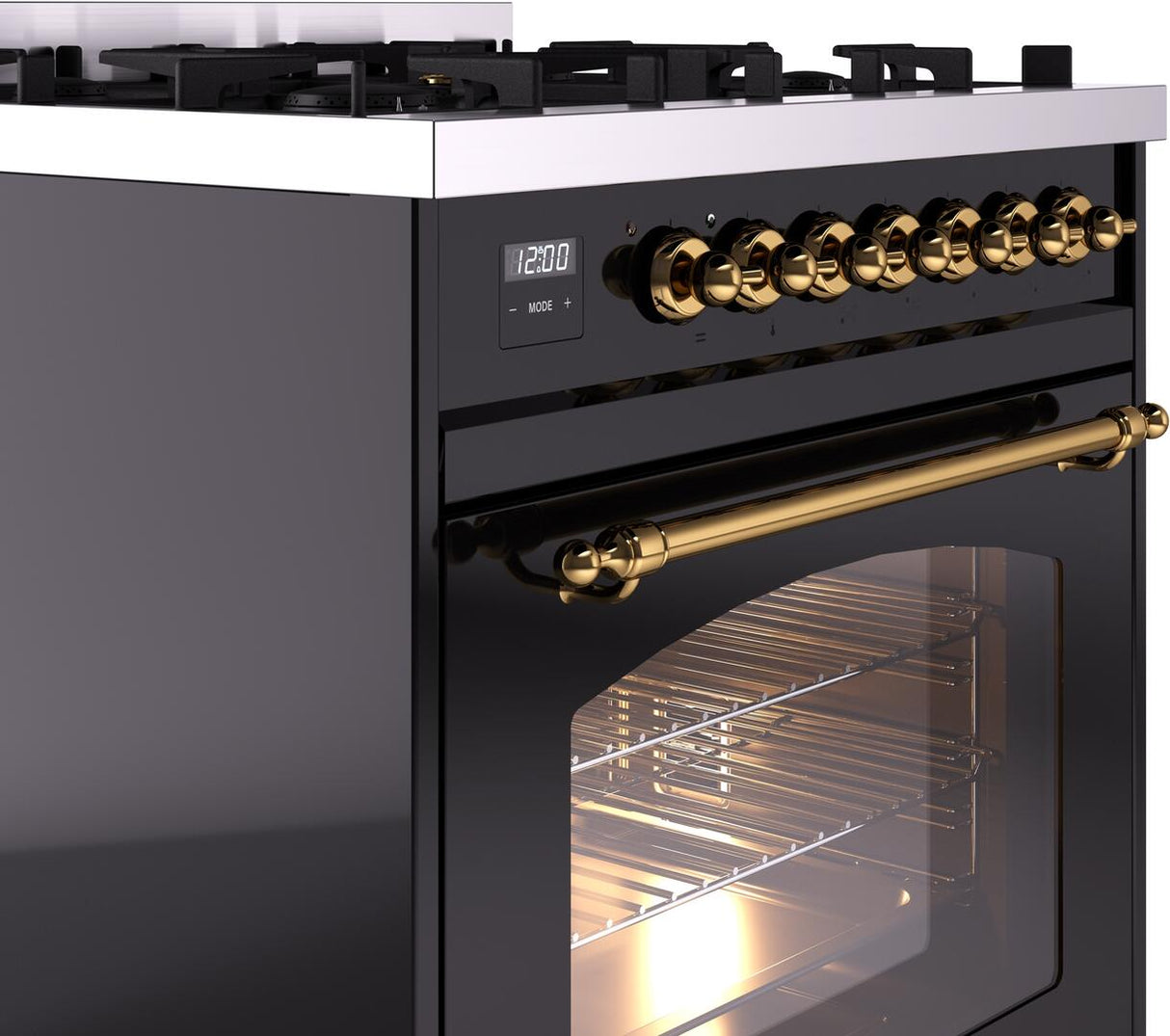 Nostalgie II 30 Inch Dual Fuel Natural Gas Freestanding Range in Glossy Black with Brass Trim