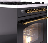 Nostalgie II 30 Inch Dual Fuel Natural Gas Freestanding Range in Glossy Black with Brass Trim