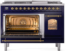 Nostalgie II 48 Inch Dual Fuel Liquid Propane Freestanding Range in Blue with Brass Trim