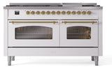 Nostalgie II 60 Inch Dual Fuel Natural Gas Freestanding Range in White with Brass Trim
