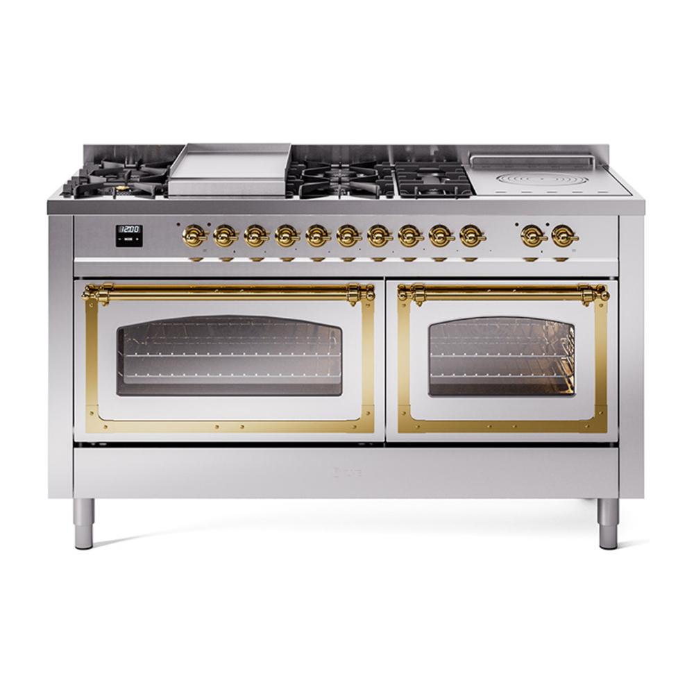 ILVE UN60FSNMPSSG Nostalgie II Noblesse 60 inch Dual Fuel Range (7 Sealed Burners + Griddle + French Top, Natural Gas, Triple Glass Door, Stainless Steel, Brass)