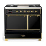 ILVE UMD40FQNR3BKG Majestic III 40 inch Dual Fuel Range with 6 Burners and Griddle, Dual Function Burner up to 25,000 BTU (Natural Gas, Solid Door, Glossy Black, Brass)