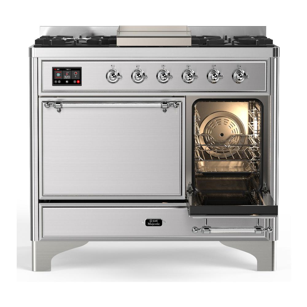 ILVE UMD40FQNR3SSCLP Majestic III 40 inch Dual Fuel Range with 6 Burners and Griddle, Dual Function Burner up to 25,000 BTU (Liquid Propane, Solid Door, Stainless Steel, Chrome)