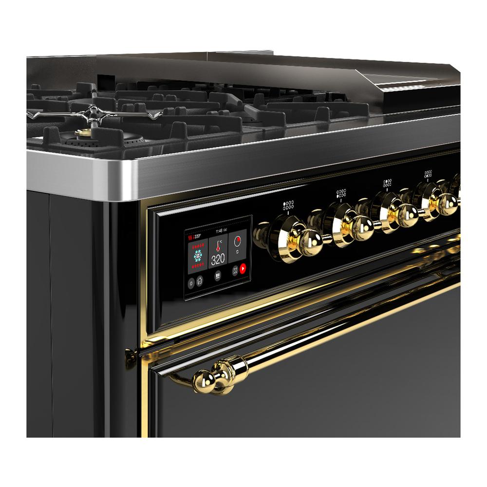 ILVE UM48FQNR3BKG Majestic III 48 inch Dual Fuel Range with 8 Burners and Griddle, Dual Function Burner up to 25,000 BTU (Natural Gas, Solid Door, Glossy Black, Brass)