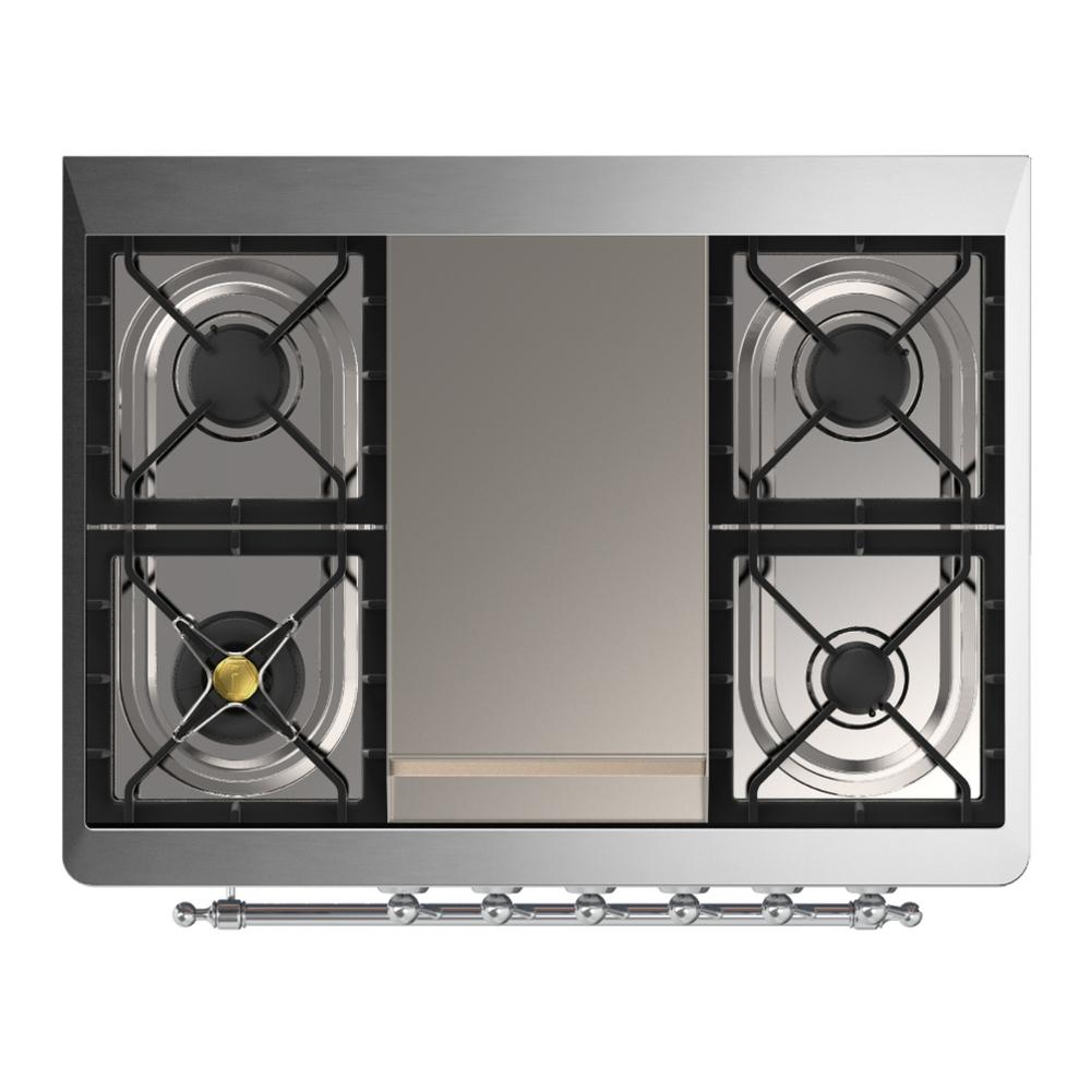 ILVE UM36FQNR3BKC Majestic III 36 inch Dual Fuel Range with 6 Black Brass Burners and Griddle, Dual Function Burner up to 25,000 BTU (Solid Door, Glossy Black, Chrome, Natural Gas)