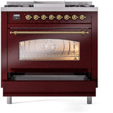 Nostalgie II 36 Inch Dual Fuel Natural Gas Freestanding Range in Burgundy with Brass Trim