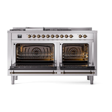 ILVE UN60FSQNMPSSBLP Nostalgie II Noblesse 60 inch Dual Fuel Range (7 Sealed Burners + Griddle + French Top, Liquid Propane, Solid Door, Stainless Steel, Burnished)