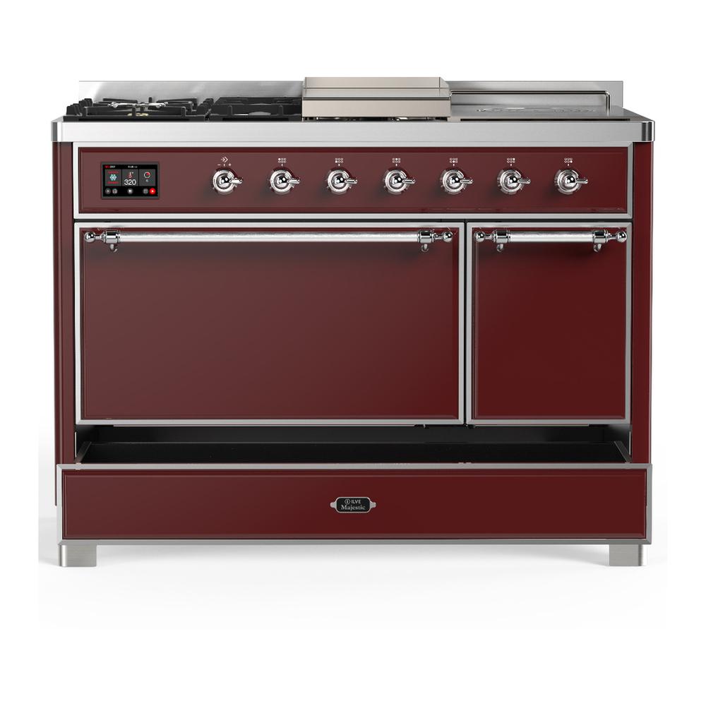 ILVE UM48FSQNR3BUCLP Majestic III 48 inch Dual Fuel Range with 5 Black Brass Burners, Griddle and French Top, Dual Function Burner up to 25,000 BTU (Liquid Propane, Solid Door, Burgundy, Chrome)