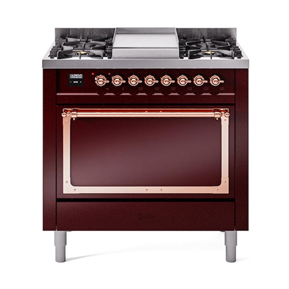 ILVE UN36FQNMPBUPLP Nostalgie II Noblesse 36 inch Dual Fuel Range (Liquid Propane, Solid Door, Burgundy, Copper)
