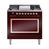 ILVE UN36FQNMPBUPLP Nostalgie II Noblesse 36 inch Dual Fuel Range (Liquid Propane, Solid Door, Burgundy, Copper)
