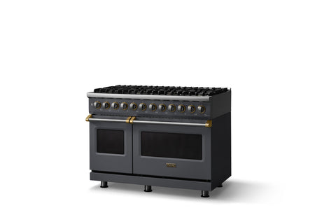 48"W. Dual Fuel Range (Burner: 8b, Finish: Cast Black, Trim: Brushed Brass, Fuel: Propane)