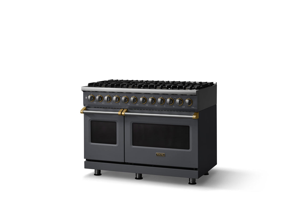 48"W. Dual Fuel Range (Burner: 8b, Finish: Cast Black, Trim: Brushed Brass, Fuel: Natural Gas)